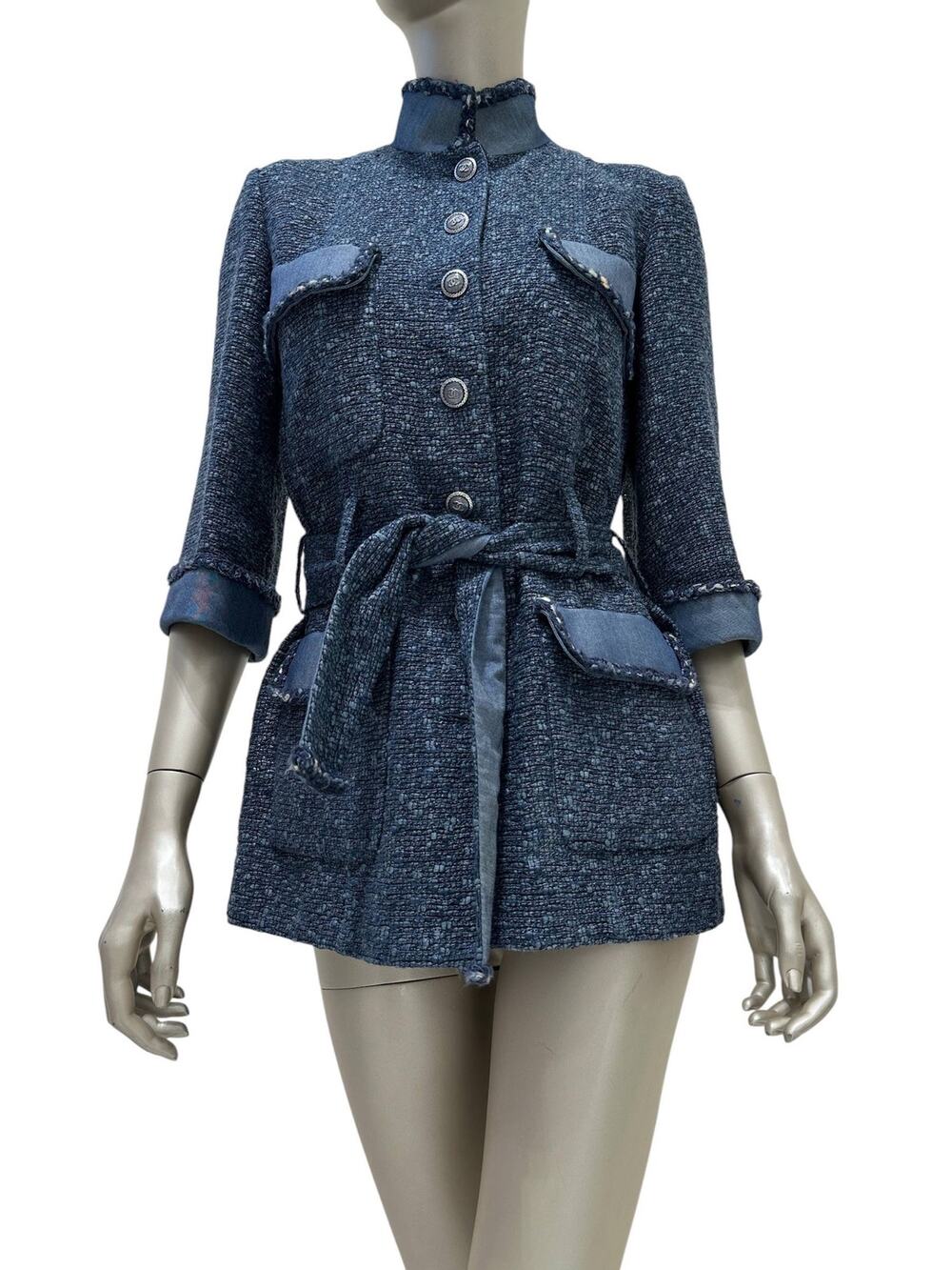 Chanel Spring 2012 Blue Tweed & Denim Belted Jacket FR 38